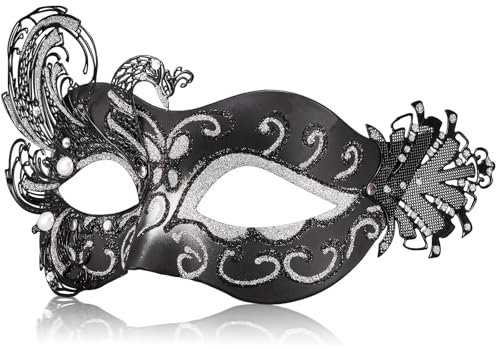 MYSEUNI Damen-Venezianische Maske Schwarz-Silberglänzend | Elegante Handbemalt Phoenix Maskenball Maske - Für Hochzeiten & Karneval passend, Halloween & Kostümpartys