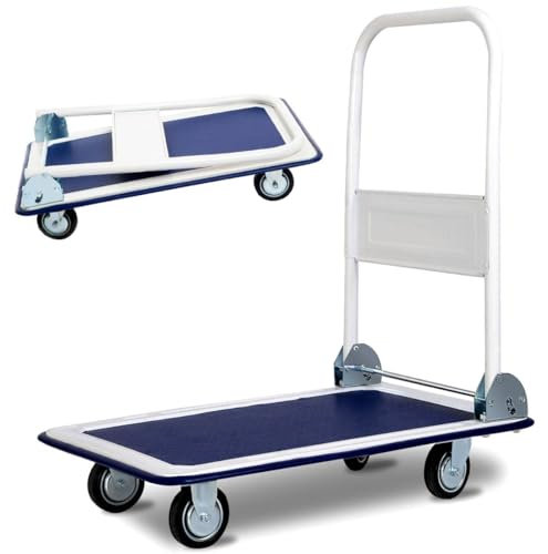 COSTWAY 150kg/300kg Folding Platform Trolley, Heavy Duty Hand Sack Truck with Handle & Bumper Strips, Rolling Flatbed Cart Dolly for Easy Transportation (Blue+White, 73x48x83cm, 150kg Capacity)