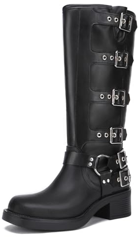 Athlefit Women's Knee High Riding Boots Fashion Buckle Square Toe Chunky Heel Wide Calf Biker Black Boots Size 8.5