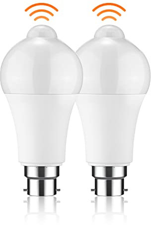 Kinberry B22 Bayonet Bulb, 2PS B22 PIR Light Sensor Bulb 12W Energy Saving Light Bulbs,Cool White 6000k Lightbulbs Auto On/Off for Stairs, Corridor, Garage, Walkway, Basement