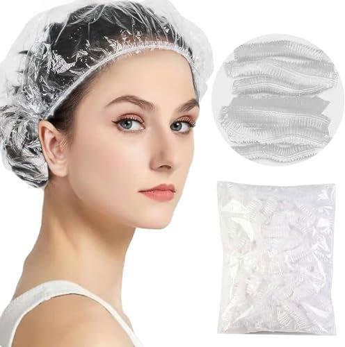 HZAOPZE 100 pcs Ducha Desechables Impermeables para el Cabello, Gorros de baño elásticos Gruesos de plástico para SPA, baño, Tratamiento del Cabello, hogar, salón Ducha(Transparente)