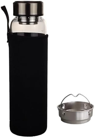 1L Trinkflasche aus Glas mit Zeitmarkierungen, Sieb, Neoprentasche und Deckel aus Edelstahl, Teesieb Infuser Nylon Sportflasche Schutzhülle Borosilikatglas Wasserflasche Glasflasche Getränkeflasche