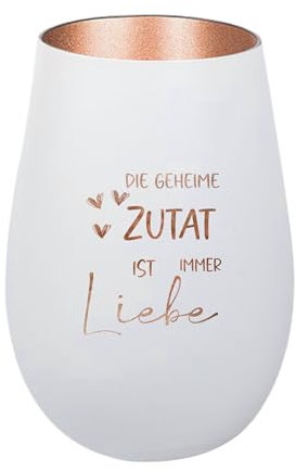 Der-Porzellan-Laden Windlicht mit Gravur Die geheime Zutat ist Immer Liebe, Weiß Bronze, Teelichthalter aus Glas mit Spruch, Tischdeko modern