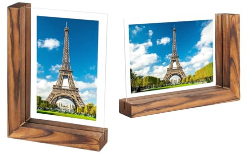 SUPAWAY 2er Set Fotorahmen Vintage Holzsockel Bilderrahm L Formen MDF-Sockel Photo Frame mit 2 Doppelseitig Transparent Acryl Plastfolies für 10x15cm Fotos Tischaufsteller (Horizontal+Vertikal), Braun