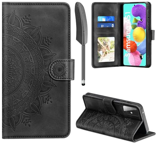 EASDNB Lederhülle für Samsung Galaxy A51 Hülle, Handyhülle für Galaxy A51 Flip Wallet PU Leder Case [Kartenfach] [Magnet] [Standfunktion] Prägung Klapphülle Schutzhülle für Samsung A51, Schwarz