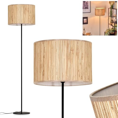 Stehleuchte Bongal, Stehlampe aus Metall/Seegras in Schwarz/Natur, Leuchte im skandinavischen Design mit rundem Schirm (Ø 40 cm) u. Fußschalter, Höhe 158 cm, 1 x E27, ohne Leuchtmittel