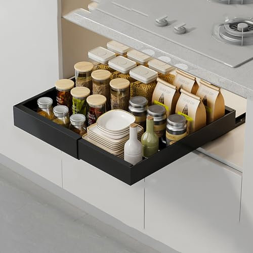 Ventouse Teleskopschublade Ausziehbar Schublade Küche: 52cm Küchenschrank Schubladenauszug Slide Out Schrank mit Kleber Organizer Ordnung ohne Bohren für Hausfrauen Küchenhilfe Breite 32-52cm