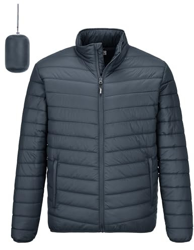 Outdoor Ventures Herren Steppjacke Packbare Leichte Warme Übergangsjacke Herren Wasserfeste Pufferjacke mit 3 Taschen für Outdoor Casual Wandern, Dunkelgrau L