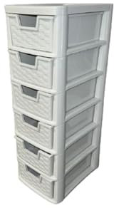 Storage Drawer Unit 6 Drawer | Small Rattan Effect Light Grey Plastic Chest Tower Cabinet |Tabletop Desktop Organizer Crafts Files Paperwork Home Kids Bedroom Kitchen Office School |26D x 19W x 57H