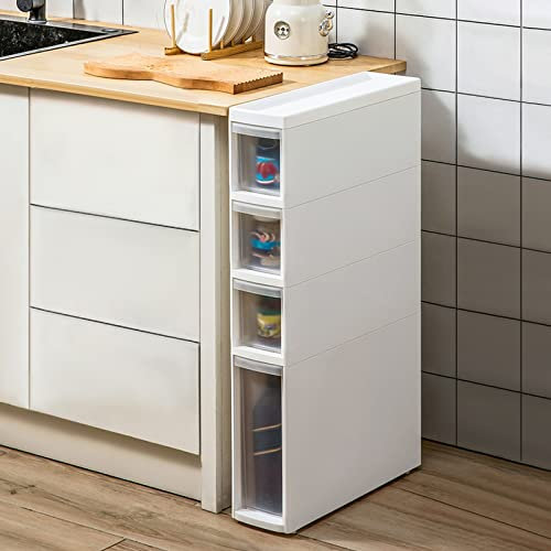 Petite Armoire de Salle de Bain de 14 cm (l) avec tiroirs de Rangement étroits en Plastique, Rangement pour Papier Toilette, Armoire de Rangement pour Papier Toilette Blanc à 4 Niveaux pour