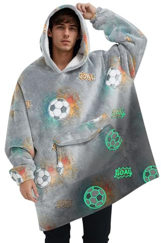 Tragbare Decke mit Fußball-Motiv, leuchtet im Dunkeln, für Erwachsene, übergroße Sherpa-Fleece-Decke, Hoodie für Damen, Herren, Fußball