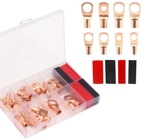 Yuhtech 60Pcs Kupferdraht Terminal Steckverbinder Kit, Crimp-Verbinder, Ring-Klemmen, Kabel-Crimps, Batterie-Kabelenden Terminals mit Schrumpfschlauch, für Elektro-, Auto, Golden