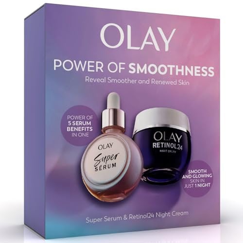 Olay Power of Smoothness Gift Set: Super Serum, Niacinamide, Vitamin C with Collagen Peptide 30ml + Retinol 24 Night Cream Face Moisturiser for Women 50ml, Anti-Aging Skincare