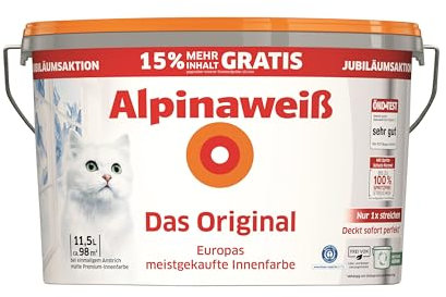 Alpinaweiß Das Original – optimal deckende und ergiebige weiße Wandfarbe – mit Spritz-Schutz-Formel – 10 Liter + 15% gratis