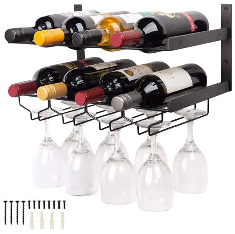 Cyiecweu Estante de Vino Montado en la Pared, Botellero Metal con 8 Soportes para Botellas y 8 para Copas, Exhibidor de Champán para Cocina, Comedor, Bar