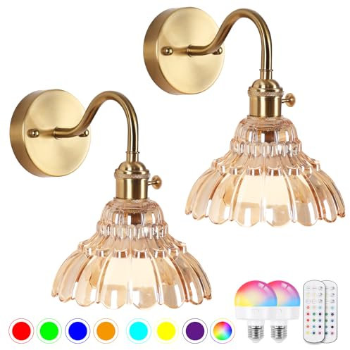 Vintage Battery Operated Wall Lights,Rechargeable Wall Lights with Dimmable Detachable Charging Bulbs and Remote,Wireless Wall Light with Amber Glass Lampshade for Living Room Bedroom Hallway