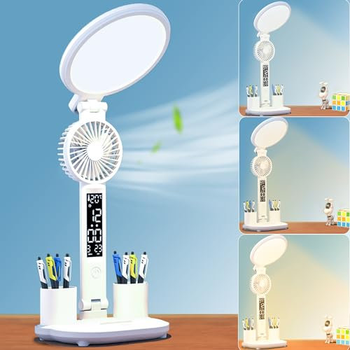 WLHONG Schreibtischlampe Kinder,LED Tragbar Tischlampe,Leselampe mit Ventilator,Uhr,Stifthalter,Kalender,Temperatur,Schreibtischlampe Dimmbar Lampe für Student Schlafsaal Studie Lesen