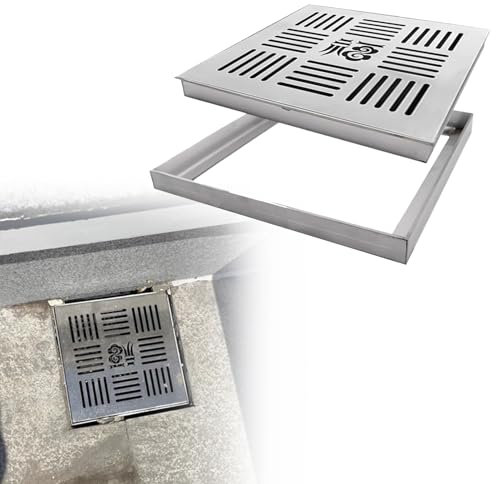 Caniveau Exterieur Grille de Drainage de Balcon et de Terrasse Carrée, Caniveau de Douche en Métal, Crépine de Lavabo avec Base, Couvercle de Drain Extérieur, Bassin de Récupération de Drainage(60x60x