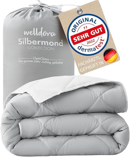 Welldora OPTICLIMA Allergiker Bettdecke 135x200 | Fachärztlich geprüft | Oeko-Tex Zertifiziert in Deutschland | Ganzjahresdecke für Sommer & Winter | Wendedecke Silbergrau-Weiß | Premium Steppdecke