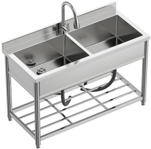 GGW 2-Compartment Commercial Sink, Stainless Steel Utility Sink with Pull-out Faucet, Free Standing Double Bowl Kitchen Sink for Restaurant, Garage, Shop, Cafe, Outoor, 21.7D x 47.2W x 37H