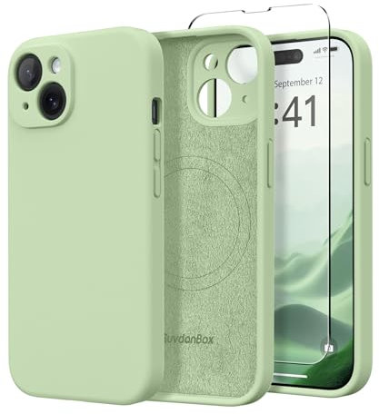 SuydanBox Magnetic for iPhone 15 Case, Compatible with MagSafe, [Screen Protector + Full Camera Protection], Silicone Shockproof Anti-Scratch Protective Phone Case for iPhone 15 6.1, Matcha