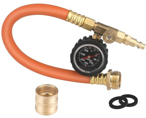 YIWEOG Messing-Winterset für Wohnmobile mit Druckmesser, 17-Zoll-Gartenschlauch mit 3/4-Zoll-GHT-Ausblasadapter, 1/4-Zoll-NPT-Schnellanschlussstecker, Sprinkler-Ausblasadapter für Gartenschlauch von