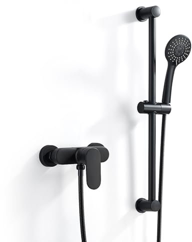 Rehomthy Mitigeur Monocommande Douche Noir, Robinet Mitigeur de Douche Mural avec Barre de Douche RéGlable 635mm, Douchette à Main, Flexible 150mm, Ensemble de Douche