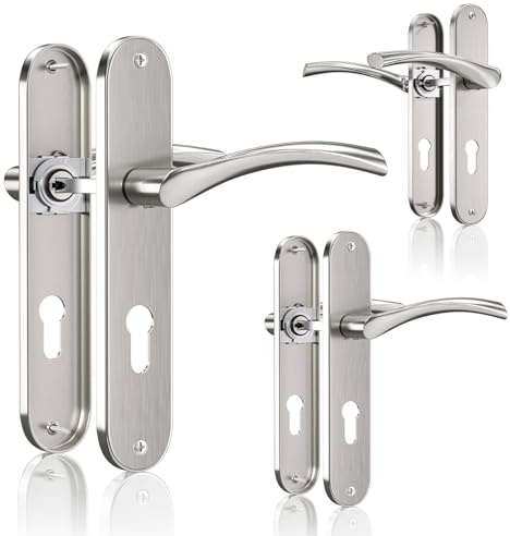 Bwintech 3 Satz gebürstetem Nickel Türgriff Set mit Escutcheon Loch, 195mm Schraube Loch Abstand, Türschloss Loch Abstand ist 70mm geeignet für Schlafzimmer Innentüren, Zimmertüren