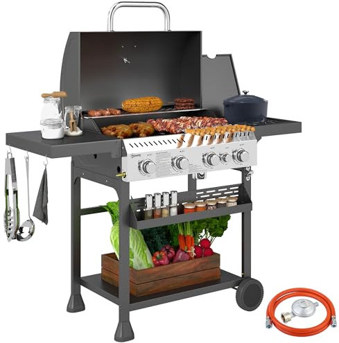 Outsunny Barbacoa de gas de 12 kW, 4 + 1 quemador, de acero inoxidable, incluye quemador lateral, termómetro, parrilla, abrebotellas, bandejas laterales, parrilla de gas, para balcón, camping, 135 x