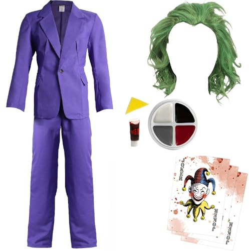 Déguisement de méchant blague – Costume violet, perruque verte, peinture pour visage, faux sang et cartes joker – Tenue d'Halloween pour adultes