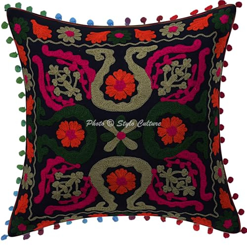 Stylo Culture Indische Dekorativ Baumwolle Sofa Kissenbezüge 40x40 cm Schwarz Dekokissen Suzani Bestickte Pom Pom Spitze Wohnzimmer Couch Kissenhülle Blumen Quadrat Kissen Bezüge - 1 STK.