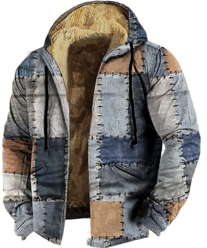 Cappotti invernali da uomo in pile termico con pullover Felpe con cappuccio in pile calde e spesse Cappotti in lana da uomo Giubbotti patchwork da uomo in stile retrò a colori a blocchi con cerniera