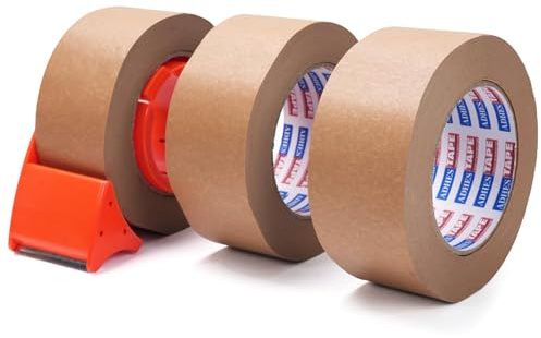 ADHES Ruban Adhésif D'Emballage Avec Dévidoir, 50MM X 50M 3 Rolls Kraft | Packing Tape, Adhésif Papier pour Fermer les Cartons Pour Le Transport Et Le Mouvement