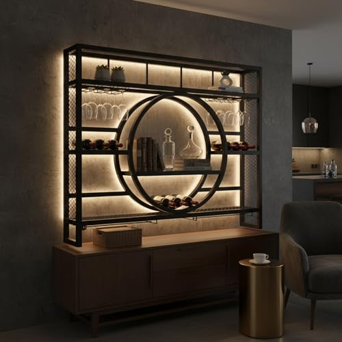 GWPGJW Weinregal Wand Metall, Bar Regal mit Weingläserhalter - Modernes Weinflaschenregal für Küche, Esszimmer, Home Bar und Restaurant, Wandmontage (Schwarz, 140cm)