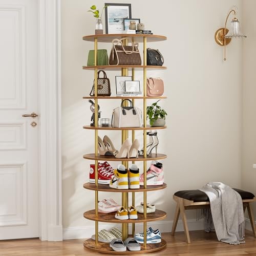 Flycity 360° Drehbares Schuhregal, 7-stöckiges Regal für Schuhe und Taschen, Platzsparend für Wohnzimmer und Schlafzimmer, Braun