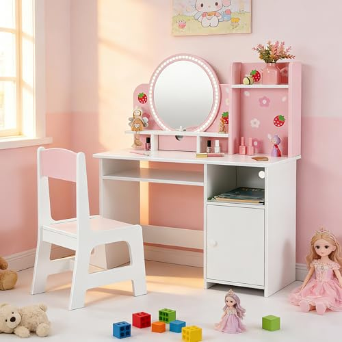 JOYLDIAS Kids Vanity Table and Chair Set with LED Mirror, Girls Makeup Dressing Tables, Children Study Desk Wooden with Storage Cabinet for Playroom Bedroom (Pink & White)