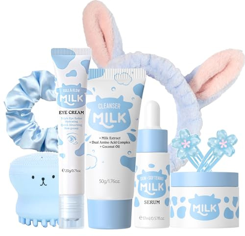 9PCS Milk Skin Care Sets & Kits for Teenage Girls-Moisturizing and Hydrating Skincare Sets- Facial Cleansing Brush & Cleanser, Serum, Face & Eye Cream, Hair Clip&Tie,Complete Gift Sets for Women