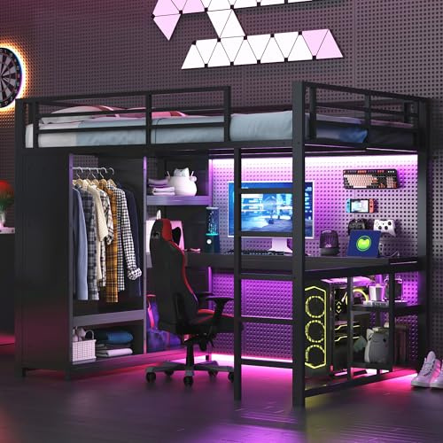 BTM Lit Haut Gaming Métal 140x200, Éclairage LED + Bureau, Armoire à Linge Ouverte + Compartiments, Noir