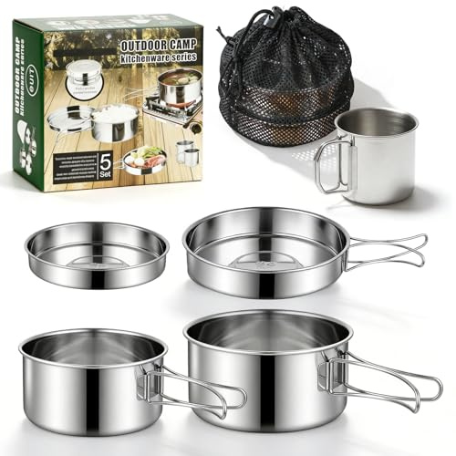 Lot de 5 Batterie de Cuisine de Camping, Kit de Casseroles Camping, Kit de Casseroles de Camping, en Acier Inoxydable avec Sac de Rangement et gobelet Pliable pour 1 à 3 Pique-niques