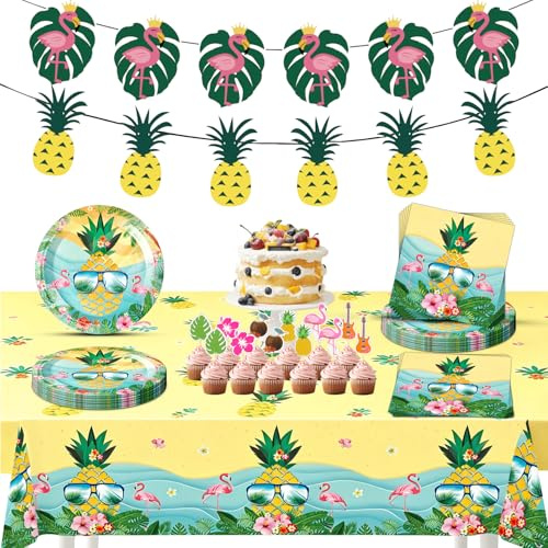 Hawaii Party Deko Set, Ananas Pappteller, Servietten & Tischdecke | Komplettes Tropical Partyset mit Girlande und Tortendeko für Sommerparty, Poolparty, Beachparty und Hawaii Party Deko