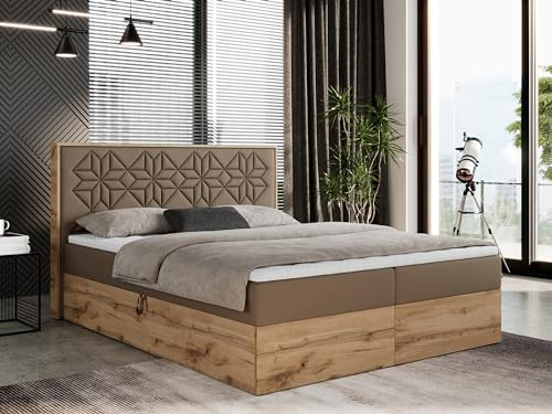 MKS MEBLE Boxspringbett 200x200 cm mit Bettkasten und Kopfteil, Polsterbett mit Matratze H3 und Topper Visco, Boxspringbett mit Massivholz - Nessi - Braun Kunstleder