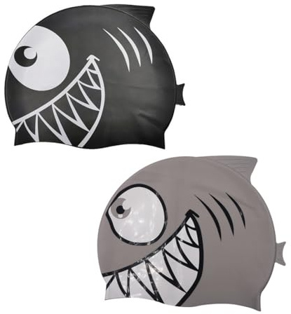 Reccisokz Gorros natación tiburón niños 2 unidades, gorro piscina negro gris con cara y aleta, accesorios natación clases entrenamiento vacaciones juegos agua