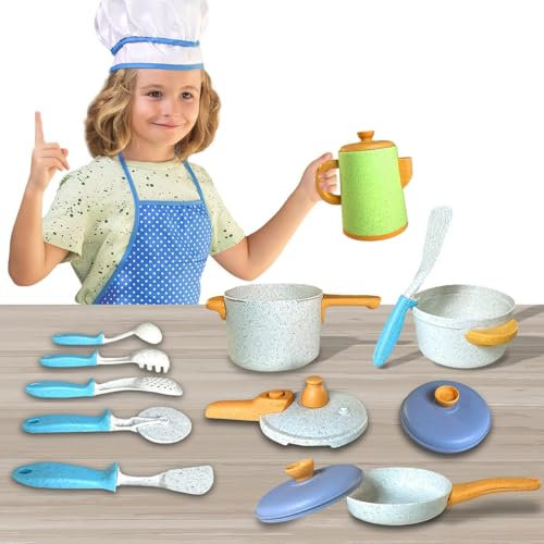 Coolbitz Kids Pretend Play 14Pcs Kitchen Set Accessories with Cookware Pots,Pans and Kitchen Utensils Play Food, Smooth Rounded Edges Design, Travel Friendly & Cool Outdoor, Indoor Fun Games