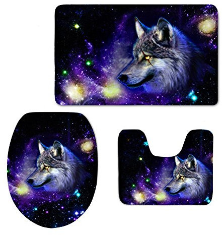 Coloranimal 3-teiliges Badezimmerteppich-Set mit Galaxie-Wolf-Aufdruck, WC-Vorleger + WC-Deckelbezug + Badematte für den Innen- und Außenbereich