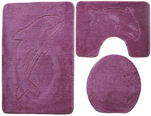 Ilkadim Delphin Badgarnitur 3 TLG. Set 55x85 cm einfarbig, WC Vorleger mit Ausschnitt für Stand-WC (Beere hell)