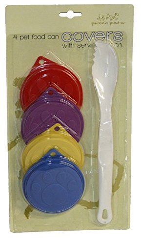 DPNY 4 Reusable Pet Food Tin Covers With Serving Spoon Fork Can Cap Cat Dog Lids