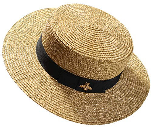 LTSWEET Strohhut Damen Outdoor Sommer Sonnenschutz Kreissäge Strohhut Beach Cap Soft Atmungsaktiv UV-Schutz Verstellbarer Kordelzug Erwachsene Farbe Natur Klassische Panama Hut,Gold