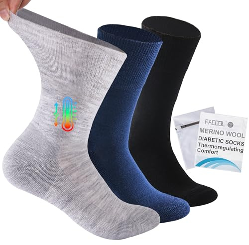 Facool Diabetic Socks for Men Women, Merino Wool Light Diabete Non Binding Loose Top Non-slip Dress Crew Socks, 3 Pairs Multicolor (Black, Light Grey, Navy Blue), US Women 6-8.5 / US Men 4-7.5