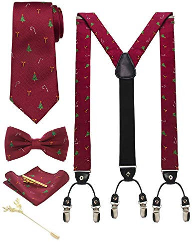 JEMYGINS Hosenträger Herren Weinrot/Weihnachts in Seide Weihnachten begrenzt 3.5cm Y Form mit 6 starken Clips Weihnachtsgeschenke und Krawatte Fliege Einstecktuch Set Geschenkbox(4)