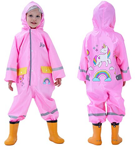 Baogaier Rainsuit Girls Puddle Suit Pink Raincoat Hooded Onesie Waterproof Coverall All in One Rain Poncho Suit Jumpsuit Rainwear Reflective Transparent Hat Brim Jacket Pants Child Kid Age 6-7 Years